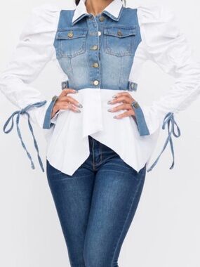 Denim & White Button-Down Peplum Shirt